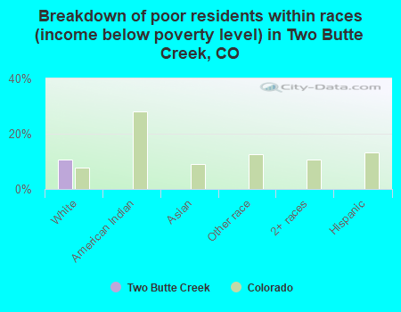 Breakdown of poor residents within races (income below poverty level) in Two Butte Creek, CO