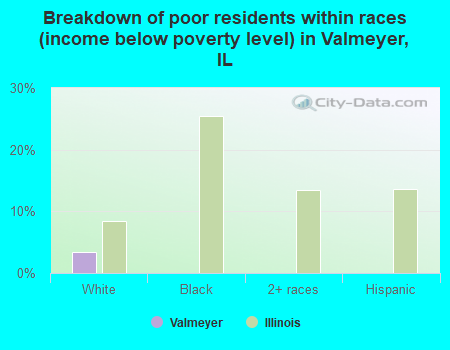 Breakdown of poor residents within races (income below poverty level) in Valmeyer, IL