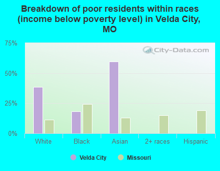 Breakdown of poor residents within races (income below poverty level) in Velda City, MO