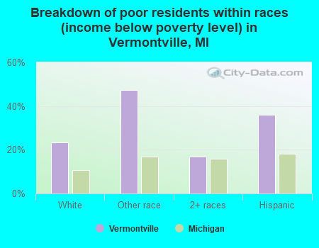 Breakdown of poor residents within races (income below poverty level) in Vermontville, MI