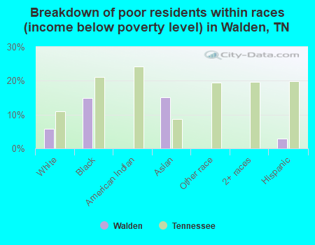 Breakdown of poor residents within races (income below poverty level) in Walden, TN