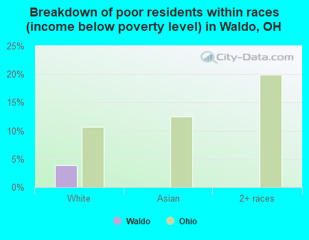 Breakdown of poor residents within races (income below poverty level) in Waldo, OH