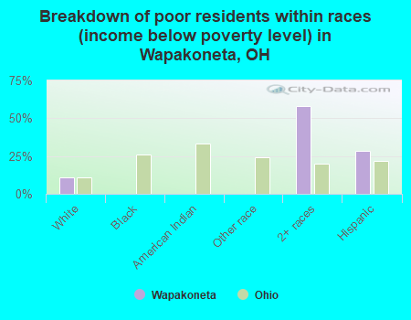 Breakdown of poor residents within races (income below poverty level) in Wapakoneta, OH