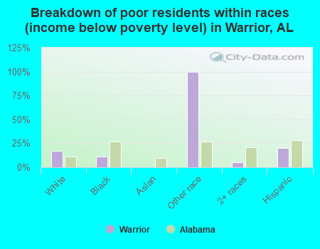 Breakdown of poor residents within races (income below poverty level) in Warrior, AL