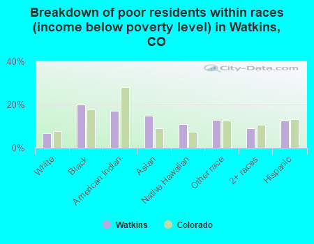 Breakdown of poor residents within races (income below poverty level) in Watkins, CO