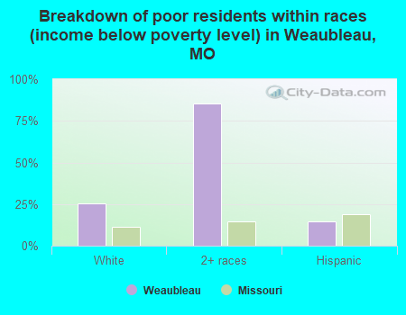 Breakdown of poor residents within races (income below poverty level) in Weaubleau, MO