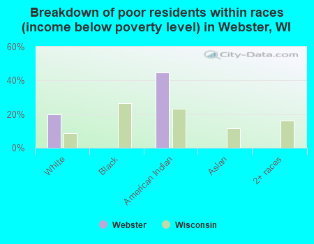 Breakdown of poor residents within races (income below poverty level) in Webster, WI