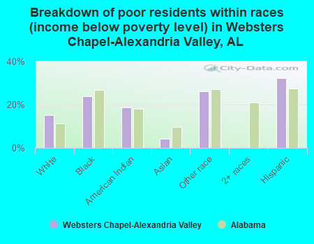 Breakdown of poor residents within races (income below poverty level) in Websters Chapel-Alexandria Valley, AL