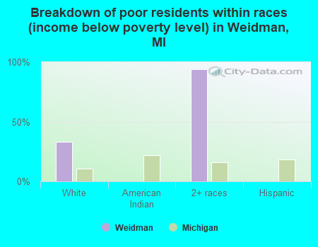 Breakdown of poor residents within races (income below poverty level) in Weidman, MI