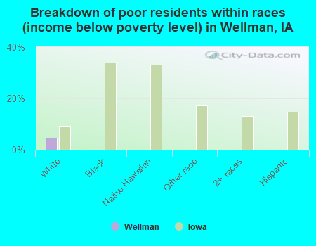 Breakdown of poor residents within races (income below poverty level) in Wellman, IA