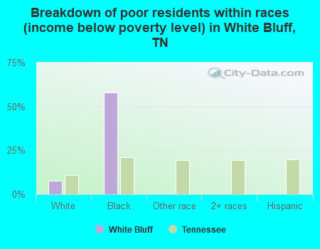 Breakdown of poor residents within races (income below poverty level) in White Bluff, TN