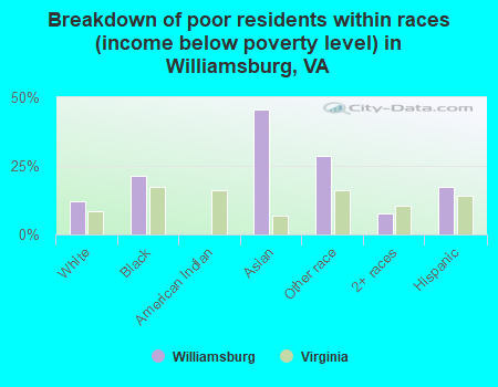 Breakdown of poor residents within races (income below poverty level) in Williamsburg, VA