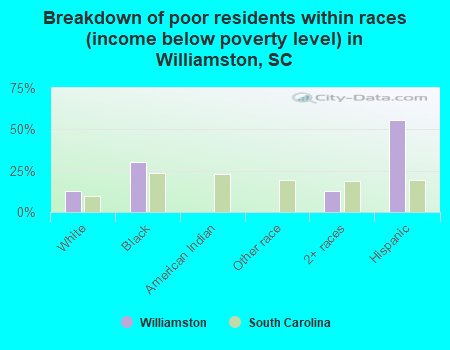 Breakdown of poor residents within races (income below poverty level) in Williamston, SC