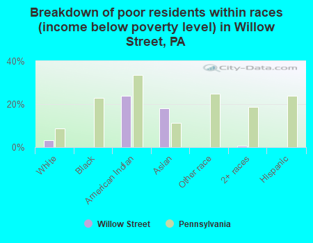 Breakdown of poor residents within races (income below poverty level) in Willow Street, PA