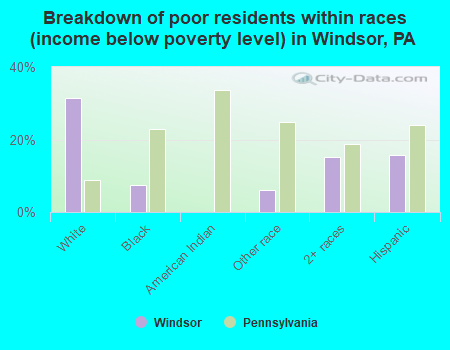 Breakdown of poor residents within races (income below poverty level) in Windsor, PA