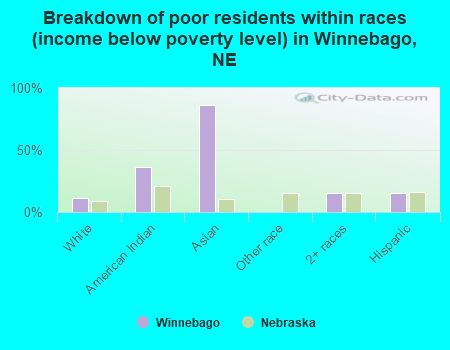 Breakdown of poor residents within races (income below poverty level) in Winnebago, NE