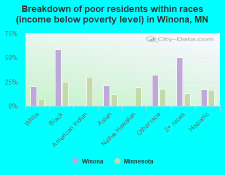 Breakdown of poor residents within races (income below poverty level) in Winona, MN