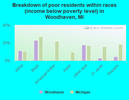 Breakdown of poor residents within races (income below poverty level) in Woodhaven, MI