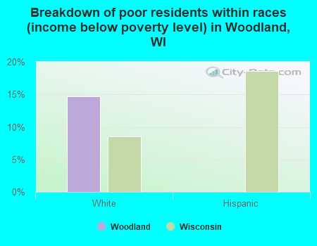 Breakdown of poor residents within races (income below poverty level) in Woodland, WI