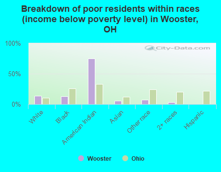 Breakdown of poor residents within races (income below poverty level) in Wooster, OH