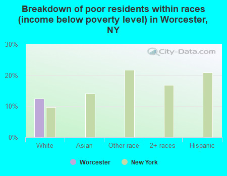 Breakdown of poor residents within races (income below poverty level) in Worcester, NY