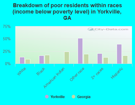 Breakdown of poor residents within races (income below poverty level) in Yorkville, GA