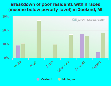 Breakdown of poor residents within races (income below poverty level) in Zeeland, MI