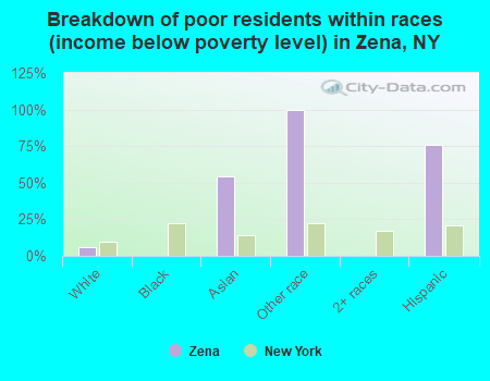 Breakdown of poor residents within races (income below poverty level) in Zena, NY