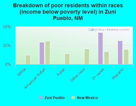 Breakdown of poor residents within races (income below poverty level) in Zuni Pueblo, NM