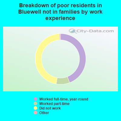 Breakdown of poor residents in Bluewell not in families by work experience