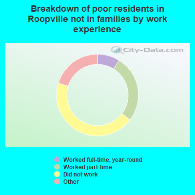 Breakdown of poor residents in Roopville not in families by work experience