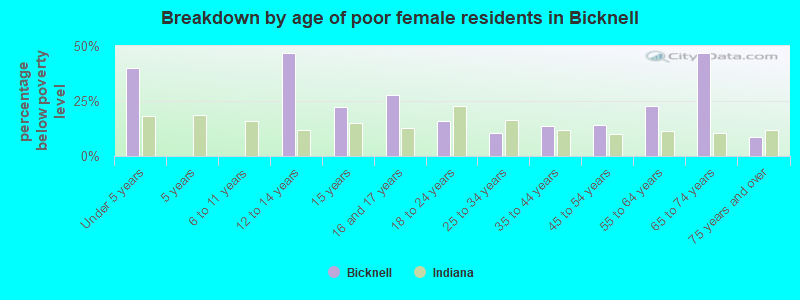 Breakdown by age of poor female residents in Bicknell