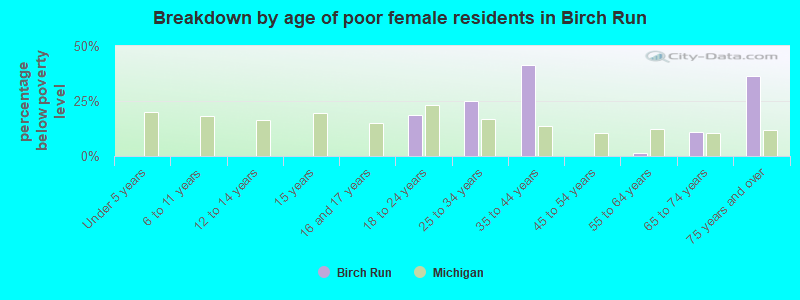 Breakdown by age of poor female residents in Birch Run