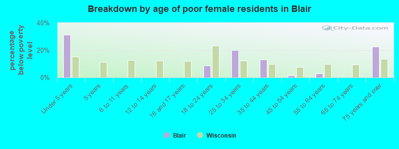 Breakdown by age of poor female residents in Blair