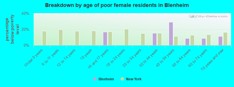 Breakdown by age of poor female residents in Blenheim
