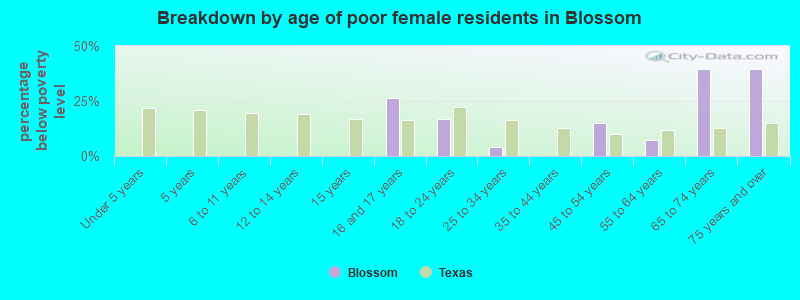Breakdown by age of poor female residents in Blossom