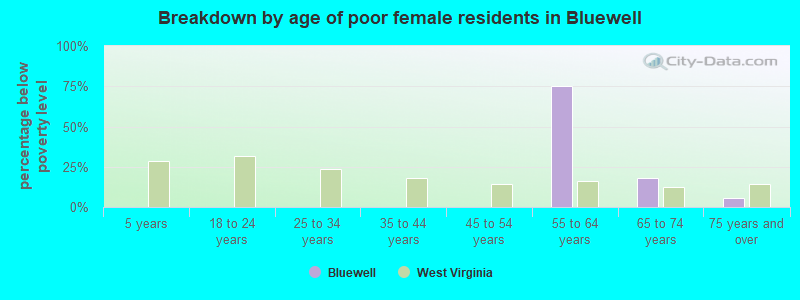 Breakdown by age of poor female residents in Bluewell
