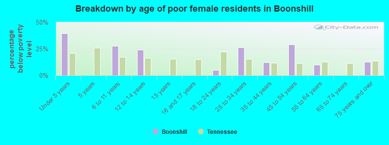 Breakdown by age of poor female residents in Boonshill