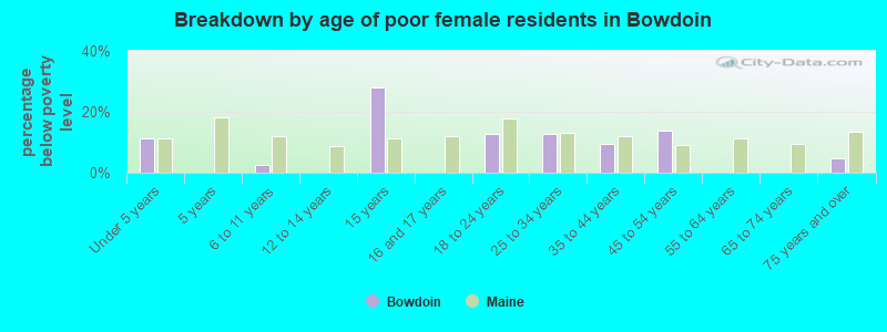 Breakdown by age of poor female residents in Bowdoin
