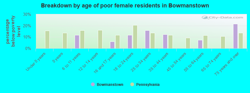 Breakdown by age of poor female residents in Bowmanstown