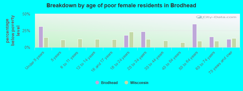 Breakdown by age of poor female residents in Brodhead