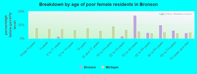 Breakdown by age of poor female residents in Bronson