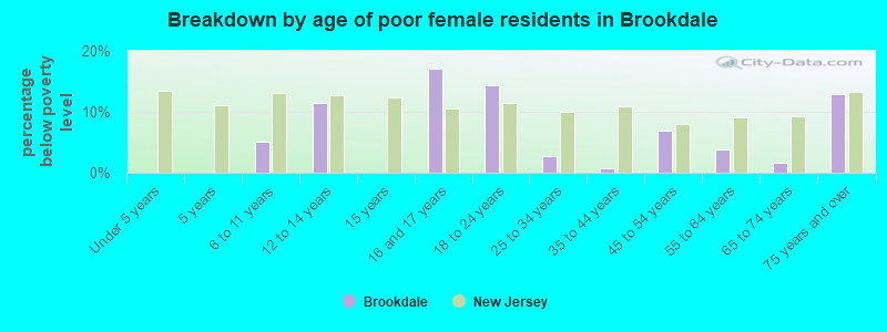 Breakdown by age of poor female residents in Brookdale