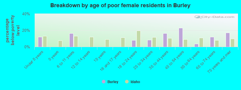 Breakdown by age of poor female residents in Burley