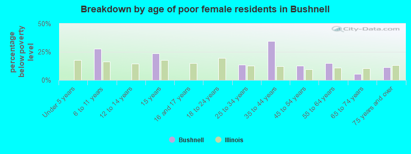 Breakdown by age of poor female residents in Bushnell