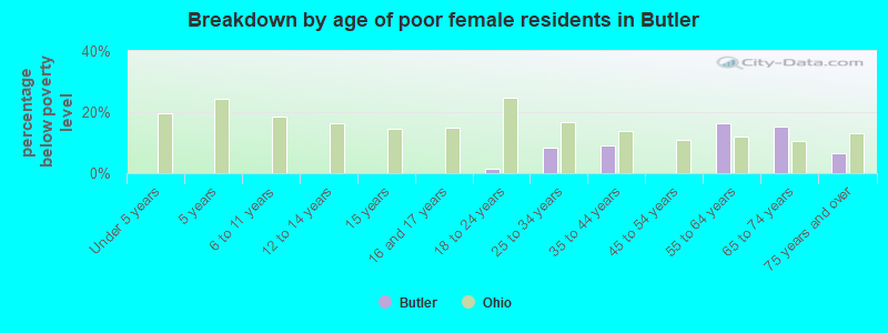 Breakdown by age of poor female residents in Butler