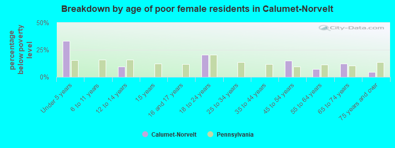 Breakdown by age of poor female residents in Calumet-Norvelt