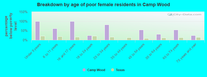 Breakdown by age of poor female residents in Camp Wood