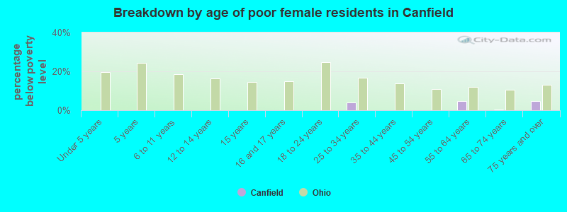 Breakdown by age of poor female residents in Canfield