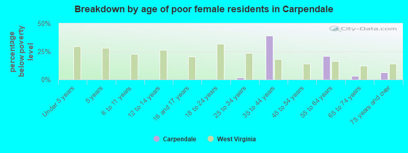 Breakdown by age of poor female residents in Carpendale